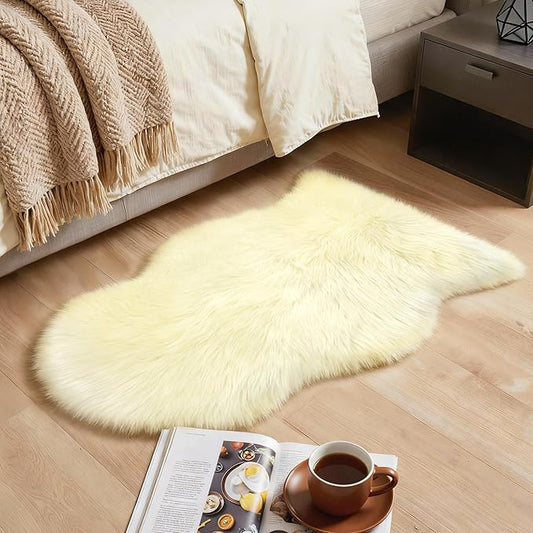 GENIMO 2x3 Fluffy Faux Fur Rug, Ultra Soft Shaggy Sheepskin Rug, High Pile Suede Backed Plush Area Rugs for Bedroom Living Room Indoor Floor Chair Cover Sofa, Cream