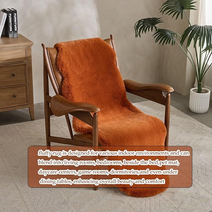 1700GSM Fuzzy Faux Sheepskin Fur Area Rug,Extra Soft Faux Fur Mat,Fluffy Shaggy Fur Rug for Bedroom Living Bedside Rug Room Decor-Burnt Orange, 2 x6 ft