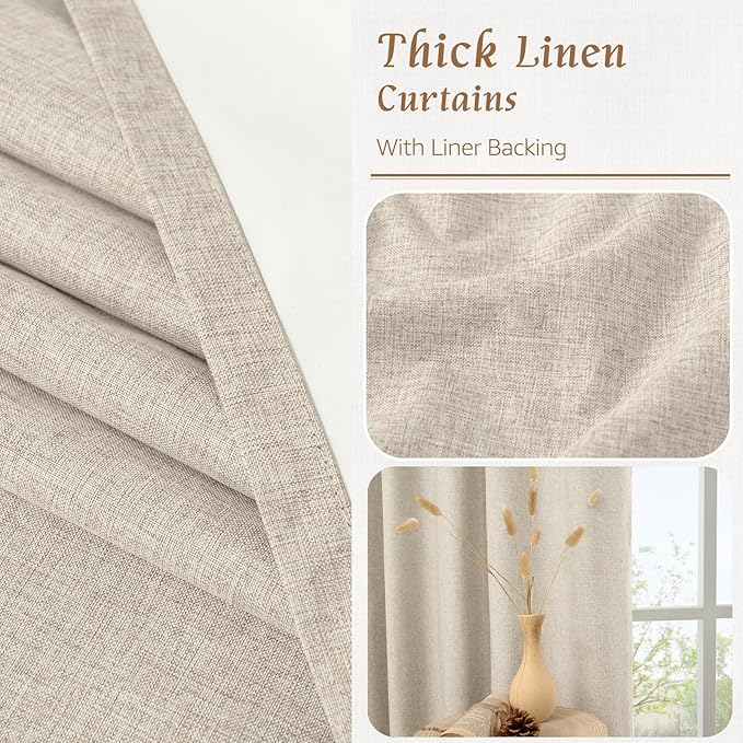 LAMIT 100% Blackout Linen Curtains for Bedoom, 68 Inches Linen Textured Thermal Drapes Back Tab and Rod Pocket Neutral Panels with White Liner for Living Room, 2 Panels, 52 x 68 Inch, Oatmeal