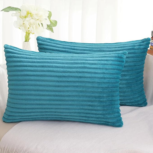 Simmore Decorative Spring Throw Pillow Covers 12x20 Set of 2, Soft Natural Plush Flannel Double-Sided Fluffy Lumbar Pillow Covers for Couch Sofa Living Room, Teal