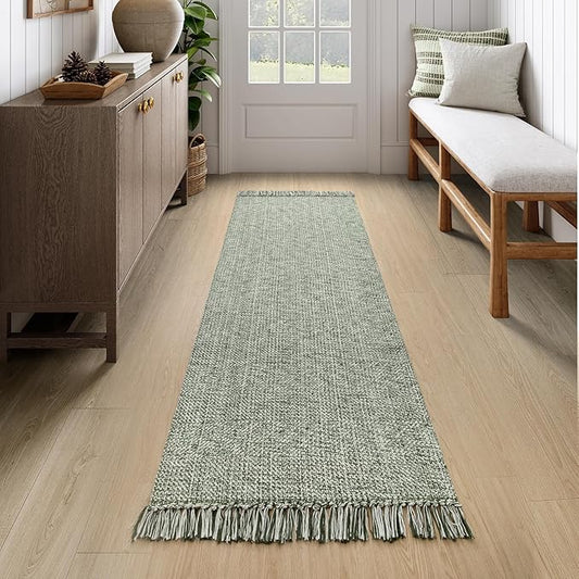 Collive Long Hallway Runner Rug 2.6' x 7', Washable Runner Indoor Entryway Rug, Olive Green/Cream Braided Woven Kitchen Runner Rugs Low-Profile Front Door Floor Carpet for Bedroom Doorway