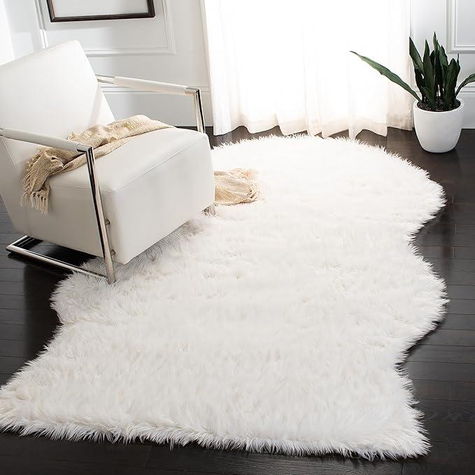 SAFAVIEH Faux Sheep Skin Collection Area Rug - 5' x 7', Ivory, Silken Glam Design, Non-Shedding & Easy Care, 2.35-inch Thick Ideal for High Traffic Areas in Living Room, Bedroom (FSS115A)