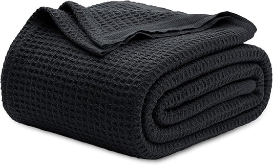 Bedsure Gentlesoft 100% Cotton Blanket King Size for Bed - Breathable and Soft, Thick Cozy Waffle Weave Christmas Blanket Gift for Women, Black, 104x90 inches