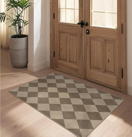 Easy Jute Checkered Entryway Rug, 2.6x4 Brown Modern Indoor Outdoor Doormat, Washable Non-Slip Neutral Kitchen Rug Farmhouse Diamond Throw Rugs for Entrance Bedroom Bathroom