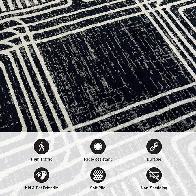 Rugshop Black and White Geometric Area Rug – Abstract Curved Line and Square Pattern Carpet for Living Room, Bedroom, or Office – Contemporary Soft Floor Décor 2' x 3' Black