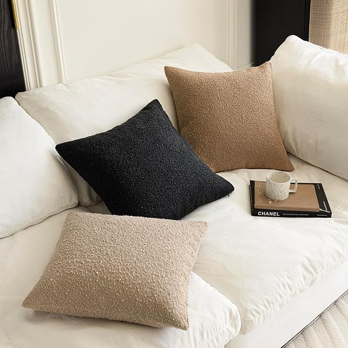 Foindtower Decorative Textured Boucle Throw Pillow Covers Accent Solid Pillow Cases Neutral Soft Cozy Couch Cushion Case for Chair Sofa Bedroom Living Room Home Decor 22 x 22 Inch,Black