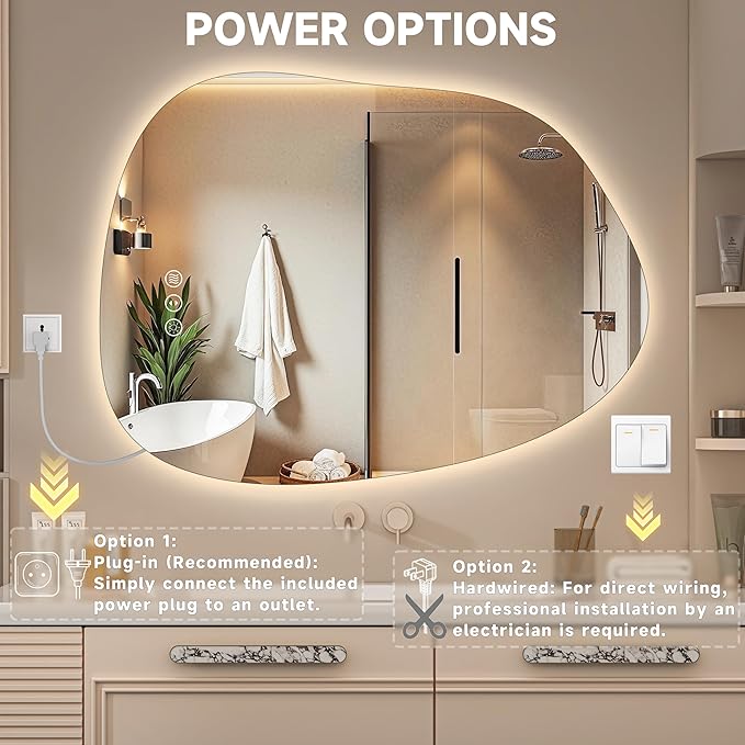 Hasipu Irregular Wall Mirror with Lights- 27"x20"Smart Vanity Mirror with Anti-Fog, 3 Color Modes,Dimmable Light, Memory Function, Backlit Wall Mount, Horizontal/Vertical