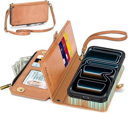 TUCCH Removable Crossbody Case Wallet for iPhone 17 Pro (6.3") 2025, Wireless Charging, RFID Blocking 9 Card Slots, Lanyard, Wrist Strap, Zipper Pocket, PU Leather, Stand Magnetic Cover, Light Brown