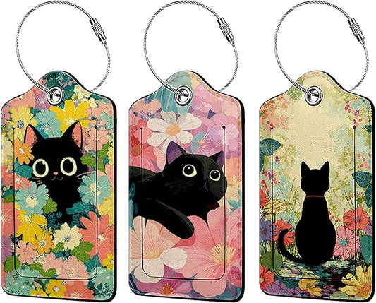 Black Cat and Flower Luggage Tag 3 Pack Travel Cruise Luggage Tags for Suitcases, Identifiers Bag Tags with Privacy Flap, Baggage Name Tag for Women Men Luggage Backpack Handbag School Bag