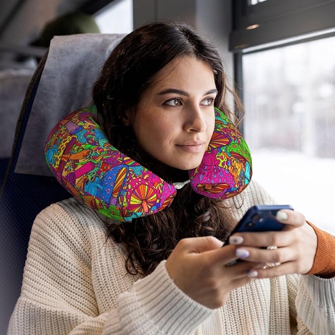 Support Neck Pillow for Youth Travel, Washable Airplane Chin Supporting and Relax U Shaped Pillows Watercolor Frogs Trippy Mushroom Cartoon