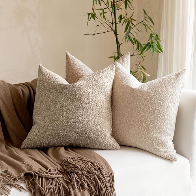 Boucle Decorative Throw Pillow Covers for Couch Set of 2, 24x24 inches, Oatmeal