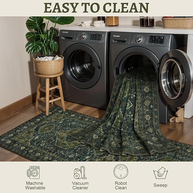 Tangsoo 6x9 Area Rug Washable Rug for Living Room, Vintage Indoor Non Slip Large Area Rugs, Print Distressed Carpet, Soft Low Pile Foldable Floor Rug for Bedroom Dining Room Dorm Olive Green