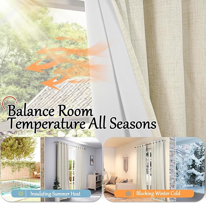 Lajode Blackout Curtains for Bedroom - Linen Black Out Curtains 84 Inch Long Thermal Insulated Burlap Grommet Window Drapes for Farmhouse Living Room Darkening, 2 Panels, Each 52" Wide, Natural Cream