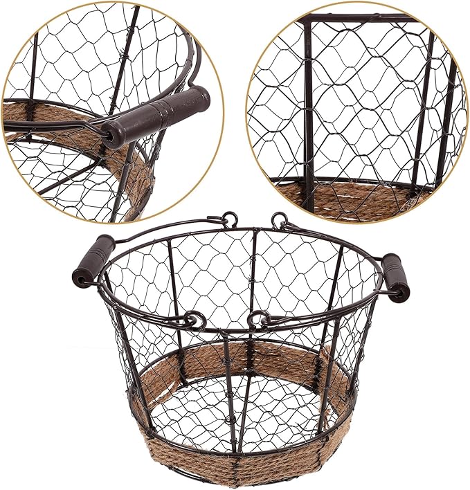 Housoutil Iron Wire Storage Basket with Handle Vintage Small round Metal Organizer Basket for Fruit Vegetable and Desktop Sundries for Home Storage and Decoration