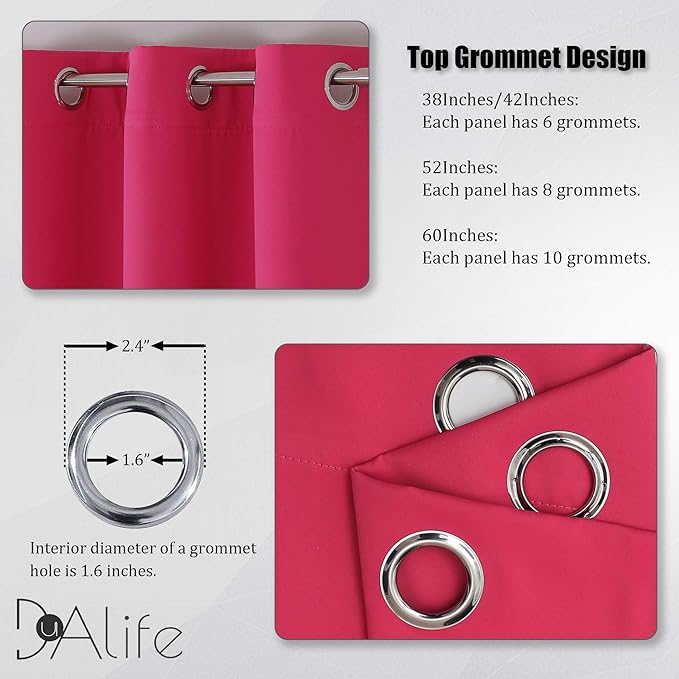 DUALIFE Solid Blackout Curtain Panels for Living Room 45 Inch Length Hot Pink Thermal Insulated Room Darkening Curtains Grommet Top 52''x45'' Raspberry Sorbet