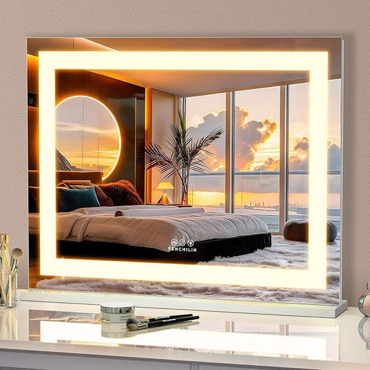 FENCHILIN Vanity Mirror with Lights, 23" x 18" RGB Backlit + Front Lit Hollywood Makeup Vanity Mirror LED Strip with 3 Colors Modes Smart Touch for Dressing Room & Bedroom White