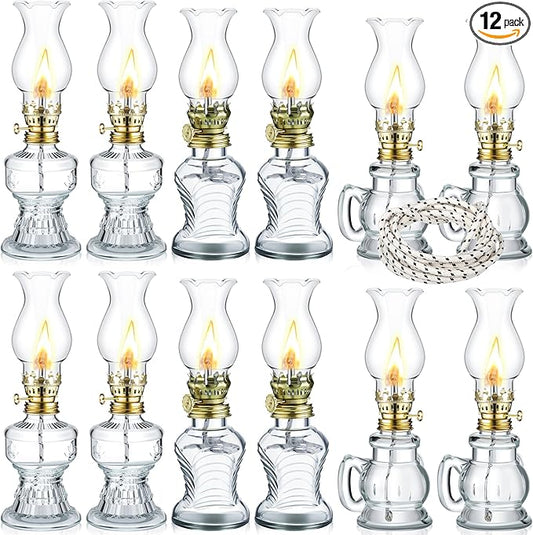 Yexiya 12 Set Vintage Glass Kerosene Lamp Rustic Oil Lamp Lantern Chamber Oil Clear Kerosene Hurricane with 6.6 ft Extra Wick for Indoor Use Lighting Decor Emergency (Retro Style)