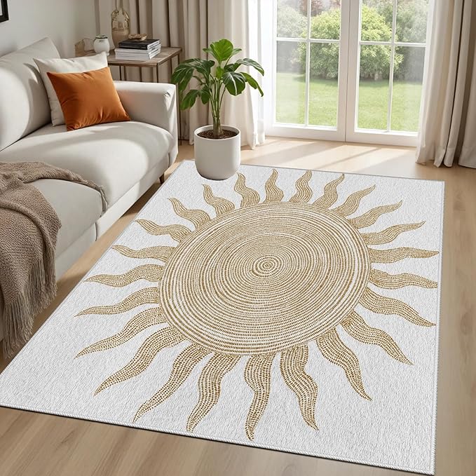 Boho Washable Rugs for Bedroom 4x6, Modern Sun Print Soft Minimalism Area Rug, Non Slip Low Pile Abstract Carpet for Classroom Living Room Decor Dining Room Sofa Kids Nursery Room, Beige Yellow