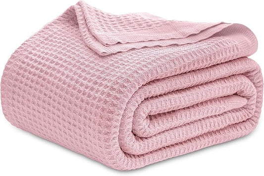 Bedsure Gentlesoft 100% Cotton Blanket King Size for Bed - Breathable and Soft, Thick Cozy Waffle Weave Christmas Blanket Gift for Women, Pink, 104x90 inches