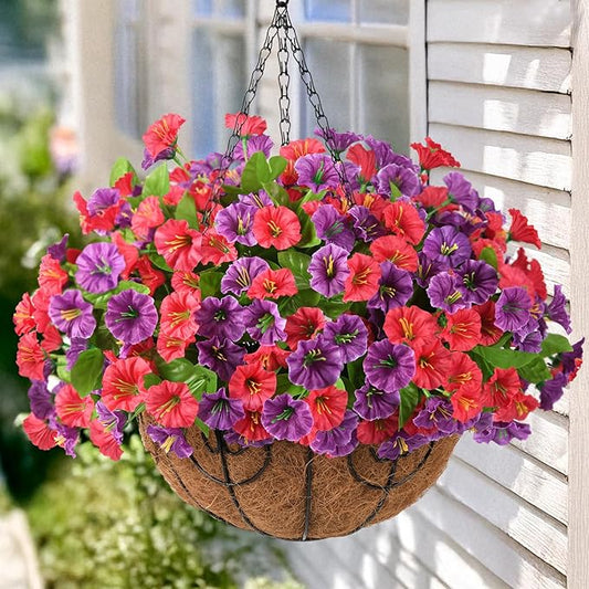 Artificial Fake Hanging Flowers with Basket for Outdoors, Faux Silk Petunias Flower Spring Summer Decor UV Resistant Look Real for Home Outside Patio Front Porch Decorations