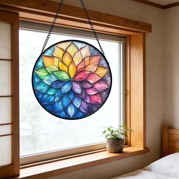 DASTOLL Stained Glass Window Hanging, Colorful Flower Petals Sun Catchers Diamond Glass Panel Hangings Suncatcher Decor for Birthday for Women, Men, Wife, Aunt, and Mom 14.9x14.9 in
