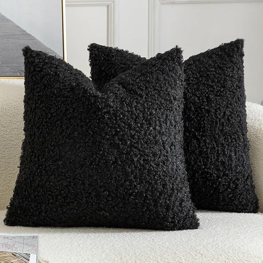 Yaertun Pack of 2 Faux Fur Throw Pillow Covers Decorative Sherpa Boucle Pillow Covers Fuzzy Soft Pillowcases Sheepskin Fleece Cushion Case for Couch Sofa Bed Living Room 22x22 Inch Black