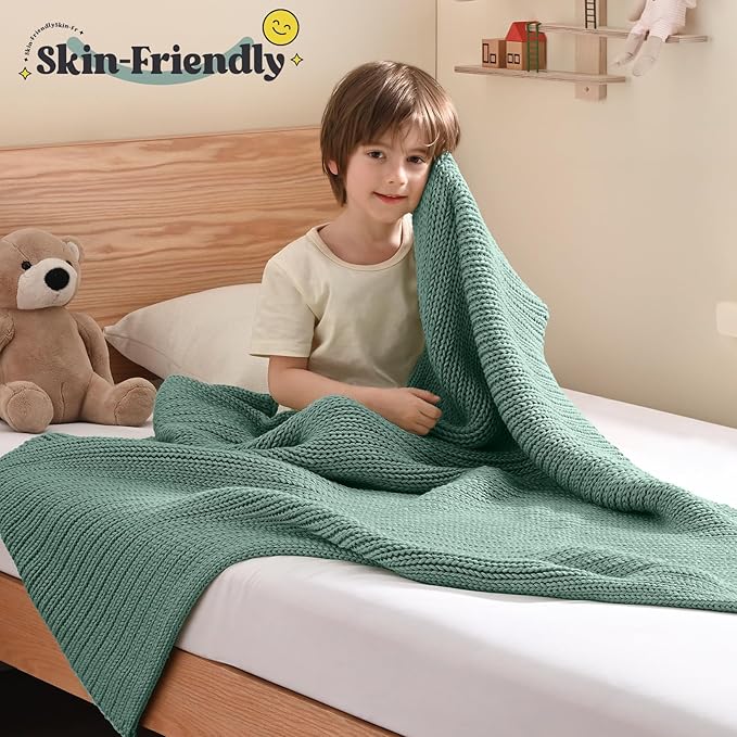 Guohaoi Knitted Weighted Blanket Kids (Haze Green 40"x60" 7lbs) No Beads Cooling Heavy Blanket, Home Decor Breathable Chunky Knit Throw Blanket for All-Season Use