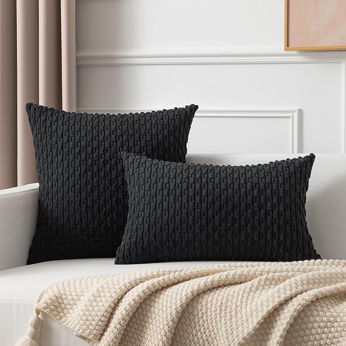 Kevin Textile Pack of 2 Corduroy Decorative Throw Pillow Covers 26x26 Inch Soft Boho Striped Pillow Covers Modern Farmhouse Home Decor for Spring Sofa Living Room Couch Bed Black