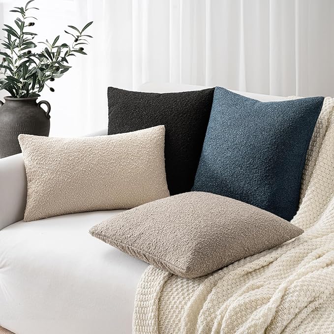 Woaboy Pack of 2 20x20 Inch Decorative Boucle Throw Pillow Covers Textured Square Pillowcaes Accent Solid Cozy Soft Cushion Covers Home Decor for Sofa Couch Living Room Home Decor,Black