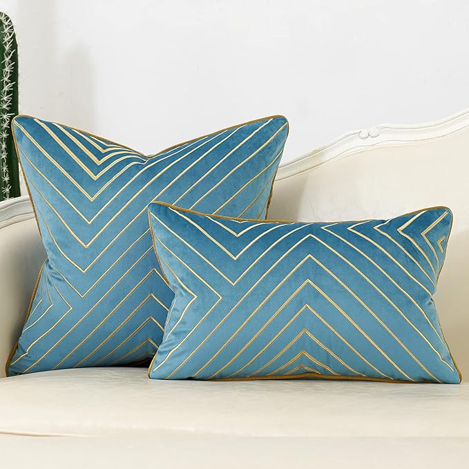 Avigers 18 x 18 Inch Grey Blue Gold Striped Geometric Lines Embroidery Velvet Cushion Case Luxury Modern Throw Pillow Cover Decorative Pillow for Couch Living Room Bedroom Car 45 x 45cm