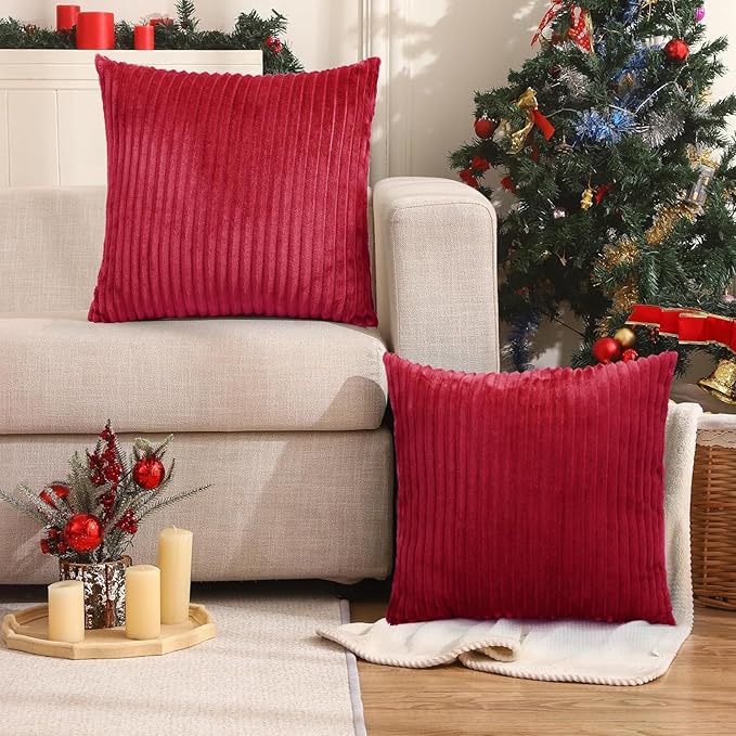 Simmore Decorative Throw Pillow Covers 16x16 Set of 2, Soft Natural Plush Flannel Double-Sided Fluffy Couch Pillow Covers for Sofa Living Room, Red