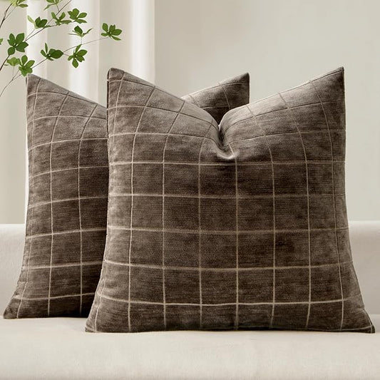 MIULEE Decorative Chenille Check Throw Pillow Covers Vintage Plaid Couch Pillows 20x20 Inch Set of 2 Neutral Boho Farmhouse Cushion Covers Modern Home Decor for Sofa Bed Living Room Brown