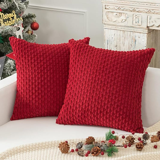 Kevin Textile Christmas Pillow Covers Pack of 2 Cushion Covers for Bedroom 20x20 Inch Burgundy Soft Corduroy Throw Pillow Cover with Stripes Machine Washable Pillowcase for Bedroom