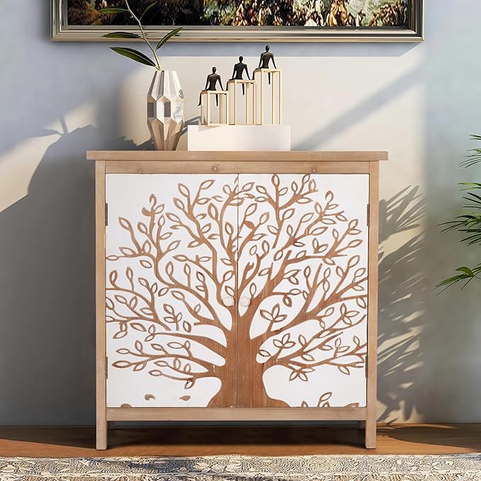 MAISON ARTS Accent Cabinet with 2 Doors, Farmhouse Decorative Storage Cabinet with Solid Legs for Living Room Entryway, Kitchen Sideboard Buffet Cabinet, Wishing Tree