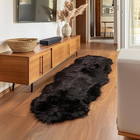 Super Area Rugs Ultra Soft & Fluffy Faux Sheepskin Rug, Black 2 x 6 Feet Sheepskin Carpet for Bedroom Living Room