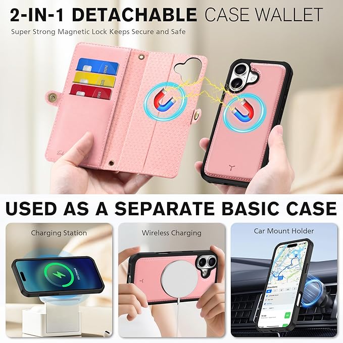 TUCCH Detachable Crossbody Wallet Case for iPhone 17 6.3", 9 Card Slots RFID Blocking | Stand | Lanyard | Wrist Strap | Wireless Charging | Zipper Pocket | PU Leather | Magnetic Flip Cover | Rose Gold
