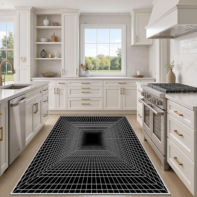 Optical Illusion Rug - Washable Rugs 6x8, Abstract Geometric Lines Soft Neutral Indoor Floor Mats Plaid Carpet, Non-Slip Stain Resistant Modern Black Rug for Bedroom, Living Room Rugs