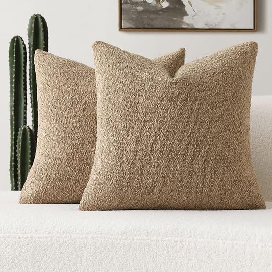 FUTEI Pack of 2 Khaki Decorative Throw Pillow Covers 20x20 Inch Soft Cozy Solid Boucle Textured Cushion Case,Modern Home Decor for Couch Bed Living Room