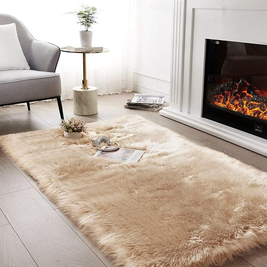 SERISSA Soft Fluffy Area Rug, Beige Faux Sheepskin Fur Rug, Shaggy Rug for Bedroom Floor Fuzzy Carpet for Living Room 4x6 Feet