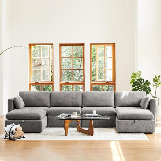 CHITA Oversized Modular Sectional Fabric Sofa Set, Extra Large U Shaped Couch with Reversible Chaise, 146 inch Width, 6 Seat Modular Sofa with Storage Ottamans, Grey