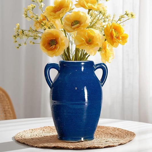 Sunddo Blue Ceramic Vase for Pampas Grass, 8 Inch Modern Decorative Vase with 2 Handles, Blue Centerpiece for Living Room Dining Entryway Living Table Farmhouse Office Decor