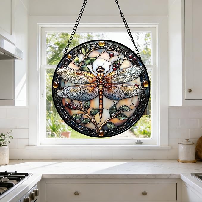 DASTOLL Stained Glass Window Hanging - Dragonfly Plant Suncatcher Ready to Hang Window Doors Home Decoration, Christmas, Mother's Day Birthday Gifts for Women, Men, and Mom 14.9x14.9 in