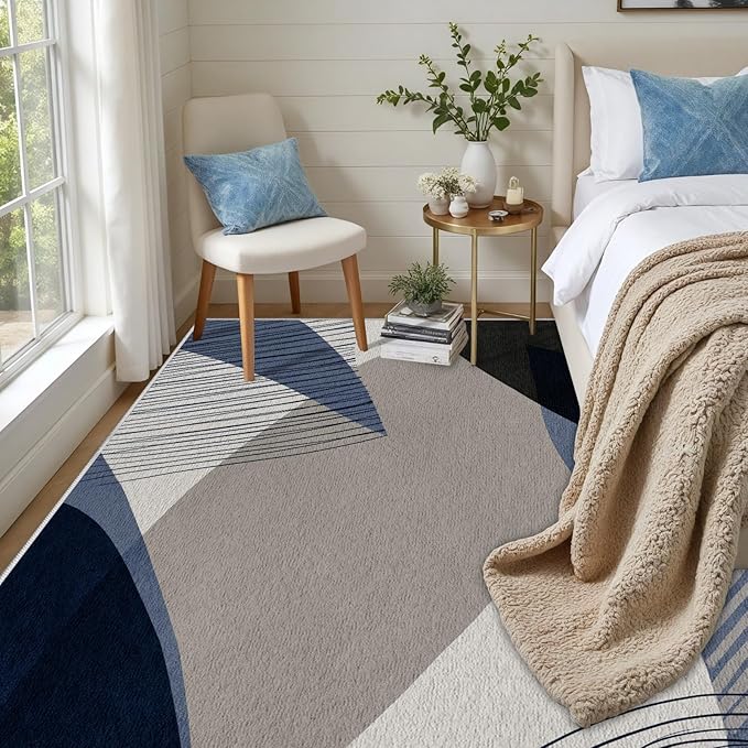 Abstract Art Line Living Room Area Rugs 4x6, Modern Boho Geometric Print Soft Rug, Minimalist Washable Non Slip Neutral Carpet for Bedroom, Dining Room Office Playroom, Navy Blue Gray