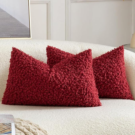 Yaertun Pack of 2 Faux Fur Throw Pillow Covers Decorative Sherpa Boucle Pillow Covers Fuzzy Soft Pillowcases Sheepskin Fleece Cushion Case for Couch Sofa Bed Living Room 12x20 Inch Burgundy