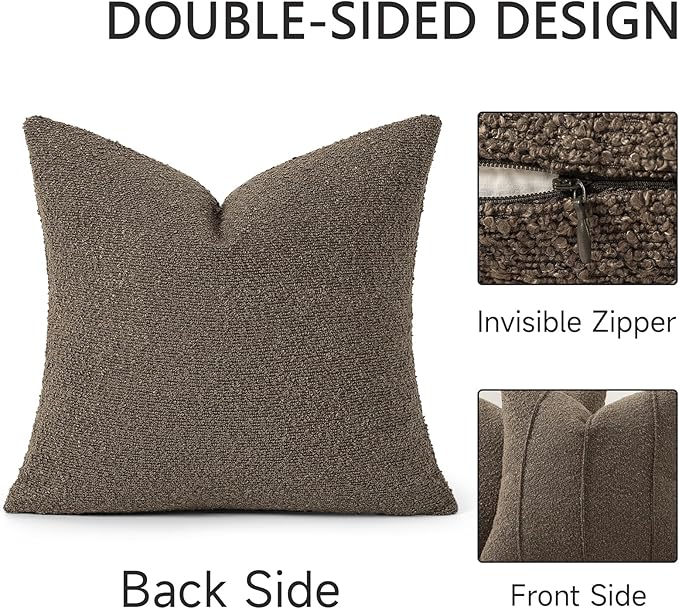 YCOLL Textured Boucle Throw Pillow Covers 24x24 Pack of 2 - Soft Neutral Striped Cushion Covers, Cozy Accent Decorative Pillow Covers for Couch, Sofa, Bed, Living Room (Brown)