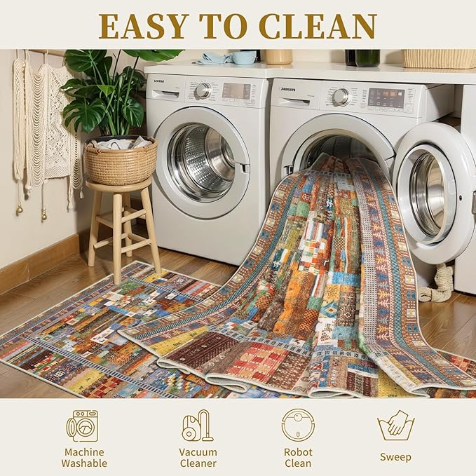 Tangsoo 2x3 Small Rugs for Entryway,Washable Vintage Entry Rug Non Slip, Soft Low Pile Throw Rugs Tribal Front Indoor Rug Small Carpet for Entrance Bedroom Kitchen Laundry Bedside (Yellow Multi)