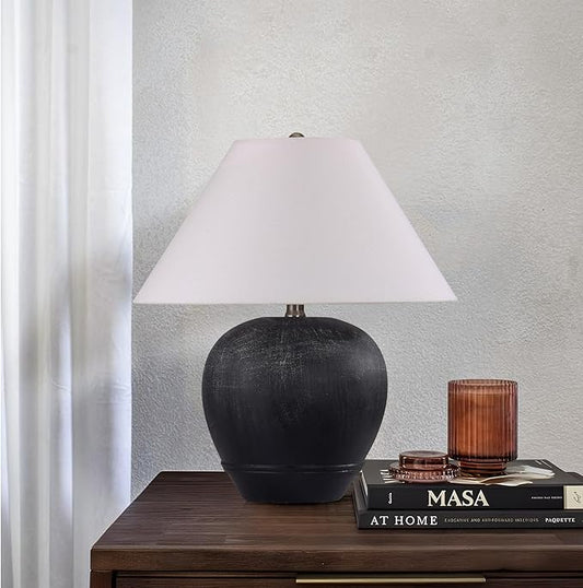 Pia Ricco 21'' Medium Size Black Glossy Ceramic Base Ceramic Basin Table Lamp for Bedroom, Living Room, Dining Room, Office, White Shade,White Smudged Black Base