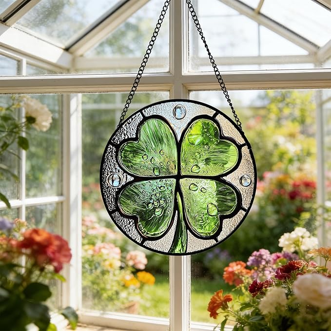 Stained Glass Window Hanging - St. Patrick's Day Green Irish Themed Gifts Sun Catcher Door Home Clover Decor Suncatcher Christmas Mother's Day Birthday Gifts for Women Men Mom Nana 9.8 in