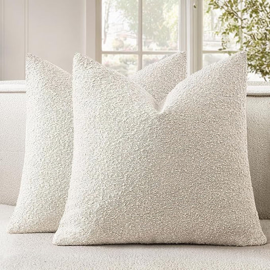 Woaboy Pack of 2 20x20 Inch Decorative Boucle Throw Pillow Covers Textured Square Pillowcaes Accent Solid Cozy Soft Cushion Covers Home Decor for Sofa Couch Living Room Home Decor,Natural Beige