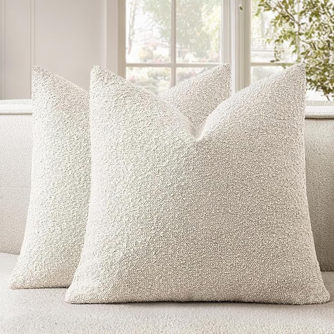 Woaboy Pack of 2 18x18 Inch Decorative Boucle Throw Pillow Covers Textured Square Pillowcaes Accent Solid Cozy Soft Cushion Covers Home Decor for Sofa Couch Living Room Home Decor,Natural Beige